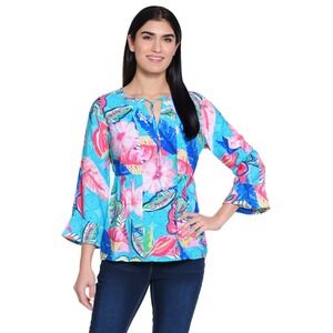 Ali Miles‎ NWT Print Flounce Sleeve Top Floral Tropical Size Large Blue Pink